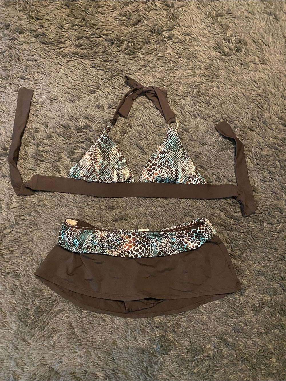 La Blanca Brown and Aqua Snake-Print Triangle Bikini with Skirt